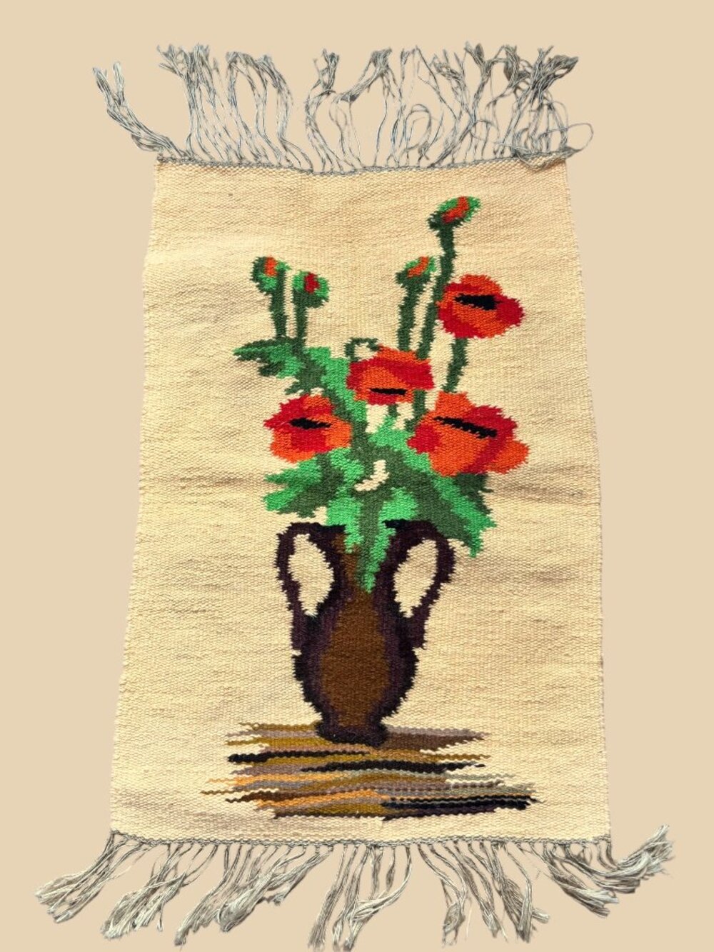 Vintage Polish Woven Wool Kilim Fringed Wall Hanging Poppies